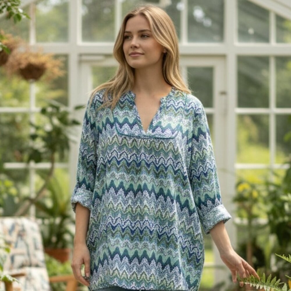 Dressbarn Chevron Top Piping Smocking Long‎ Sleeve Sz 14-16 Blues Greens #216G